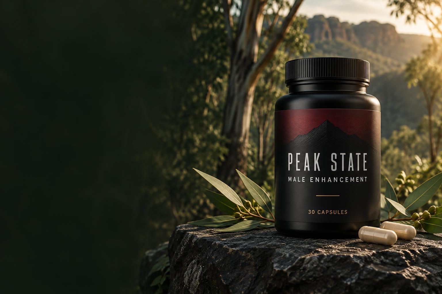 Illustrative Peak State supplement bottle among Australian eucalyptus